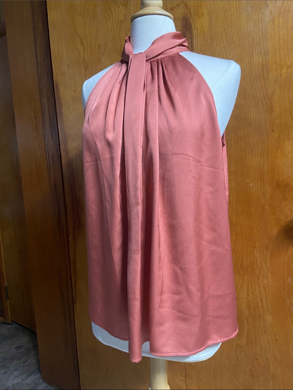 ANN TAYLOR Dusty Copper Halter Tie Neck Satin Blouse MED